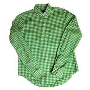 Polo Ralph Lauren green white plaid rounded hem cotton women's small Blouse